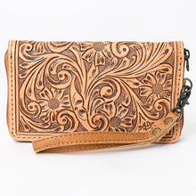 Load image into Gallery viewer, Western Hand Tooled Leather Wallet Purse, Western Buck Stitch Wallet, Leather Wristlet, Genuine Leather Bag, Genuine Cowhide Bag
