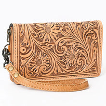 Load image into Gallery viewer, Western Hand Tooled Leather Wallet Purse, Western Buck Stitch Wallet, Leather Wristlet, Genuine Leather Bag, Genuine Cowhide Bag
