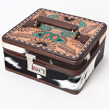 Load image into Gallery viewer, Western Leather Jewelry Case, Hair on Hide Jewelry Holder, Jewelry Safe, Locking Cowhide Jewelry, Tooled Leather, Jewelry Purse
