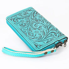 Load image into Gallery viewer, Western Hand Tooled Leather Wallet Purse, Western Buck Stitch Wallet, Leather Wristlet, Genuine Leather Bag, Genuine Cowhide Bag
