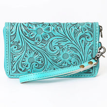 Load image into Gallery viewer, Western Hand Tooled Leather Wallet Purse, Western Buck Stitch Wallet, Leather Wristlet, Genuine Leather Bag, Genuine Cowhide Bag
