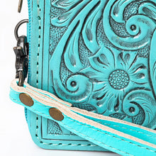 Load image into Gallery viewer, Western Hand Tooled Leather Wallet Purse, Western Buck Stitch Wallet, Leather Wristlet, Genuine Leather Bag, Genuine Cowhide Bag
