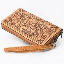 Load image into Gallery viewer, Western Hand Tooled Leather Wallet Purse, Western Buck Stitch Wallet, Leather Wristlet, Genuine Leather Bag, Genuine Cowhide Bag
