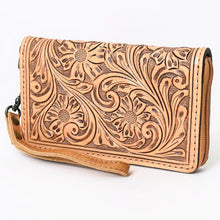 Load image into Gallery viewer, Western Hand Tooled Leather Wallet Purse, Western Buck Stitch Wallet, Leather Wristlet, Genuine Leather Bag, Genuine Cowhide Bag
