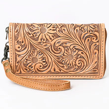 Load image into Gallery viewer, Western Hand Tooled Leather Wallet Purse, Western Buck Stitch Wallet, Leather Wristlet, Genuine Leather Bag, Genuine Cowhide Bag
