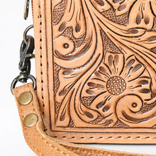 Load image into Gallery viewer, Western Hand Tooled Leather Wallet Purse, Western Buck Stitch Wallet, Leather Wristlet, Genuine Leather Bag, Genuine Cowhide Bag
