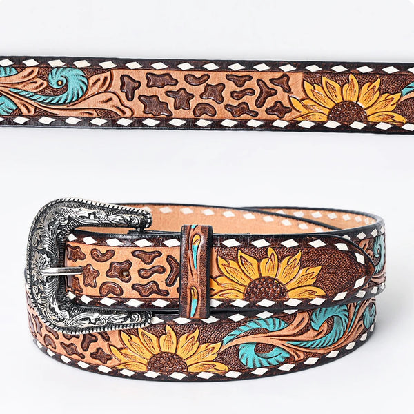 7332 Western Belt Sunflower Tooled Hand Finished Heavy Duty Leather Tooled leather sunflower belt- size 32 – Teal Ranch Leather main image 4