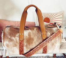 Load image into Gallery viewer, Western Cowhide Duffel, Hand Tooled Leather Duffel, Cowhide Duffel, Leather Weekender Duffel, Weekender Travel Duffle, Leather Duffle

