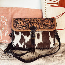 Load image into Gallery viewer, Western Hand Tooled Leather Purse, Western Crossbody Purse, Leather Messenger Purse, Hair On Cowhide Crossbody Purse, Leather Purse
