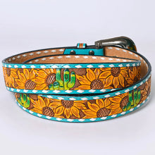 Load image into Gallery viewer, Womens Western Hand Tooled Leather Belt, Rodeo Belt, Embossed Leather Belt, Western Belt, Cowboy Belt, Cowgirl Belt, Handmade Sunflower Belt
