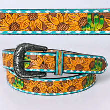 Load image into Gallery viewer, Womens Western Hand Tooled Leather Belt, Rodeo Belt, Embossed Leather Belt, Western Belt, Cowboy Belt, Cowgirl Belt, Handmade Sunflower Belt
