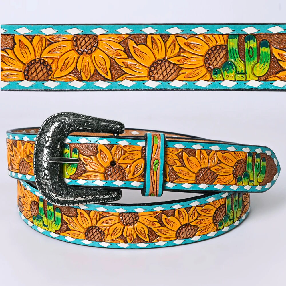 Womens Western Hand Tooled Leather Belt, Rodeo Belt, Embossed Leather Belt, Western Belt, Cowboy Belt, Cowgirl Belt, Handmade Sunflower Belt