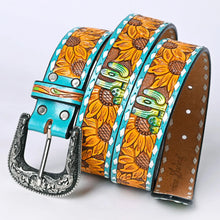 Load image into Gallery viewer, Womens Western Hand Tooled Leather Belt, Rodeo Belt, Embossed Leather Belt, Western Belt, Cowboy Belt, Cowgirl Belt, Handmade Sunflower Belt
