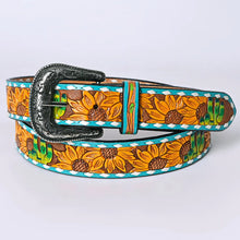 Load image into Gallery viewer, Womens Western Hand Tooled Leather Belt, Rodeo Belt, Embossed Leather Belt, Western Belt, Cowboy Belt, Cowgirl Belt, Handmade Sunflower Belt
