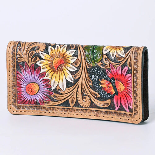 Western Hand Tooled Leather Wallet, Leather Flower Wallet, Genuine Leather Clutch, Western Purse, Luxury Wallet, Hand Painted Leather Wallet