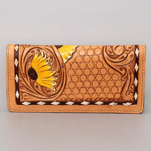 Load image into Gallery viewer, Western Hand Tooled Leather Wallet, Hand Painted Sunflower Leather Wallet, Leather Flower Wallet, Genuine Leather Clutch, Western Purse,
