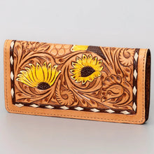 Load image into Gallery viewer, Western Hand Tooled Leather Wallet, Hand Painted Sunflower Leather Wallet, Leather Flower Wallet, Genuine Leather Clutch, Western Purse,
