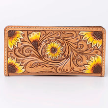 Load image into Gallery viewer, Western Hand Tooled Leather Wallet, Hand Painted Sunflower Leather Wallet, Leather Flower Wallet, Genuine Leather Clutch, Western Purse,
