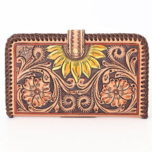 Load image into Gallery viewer, Western Hand Tooled Leather Wallet Purse, Western Buck Stitch Wallet, Leather Clutch, Genuine Leather Sunflower Wallet, Handmade Wallet
