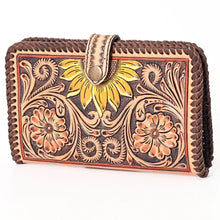 Load image into Gallery viewer, Western Hand Tooled Leather Wallet Purse, Western Buck Stitch Wallet, Leather Clutch, Genuine Leather Sunflower Wallet, Handmade Wallet
