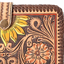 Load image into Gallery viewer, Western Hand Tooled Leather Wallet Purse, Western Buck Stitch Wallet, Leather Clutch, Genuine Leather Sunflower Wallet, Handmade Wallet
