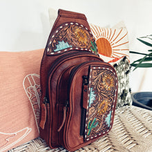 Load image into Gallery viewer, Leather Sling Bag Women, Leather Sling Backpack Purse, Leather Backpack, Western Purse, Hand Tooled Leather Sling Purse
