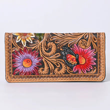 Load image into Gallery viewer, Western Hand Tooled Leather Wallet, Leather Flower Wallet, Genuine Leather Clutch, Western Purse, Luxury Wallet, Hand Painted Leather Wallet
