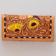 Load image into Gallery viewer, Western Hand Tooled Leather Wallet, Hand Painted Sunflower Leather Wallet, Leather Flower Wallet, Genuine Leather Clutch, Western Purse,
