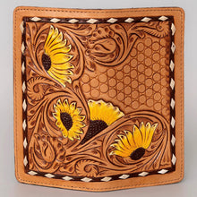 Load image into Gallery viewer, Western Hand Tooled Leather Wallet, Hand Painted Sunflower Leather Wallet, Leather Flower Wallet, Genuine Leather Clutch, Western Purse,
