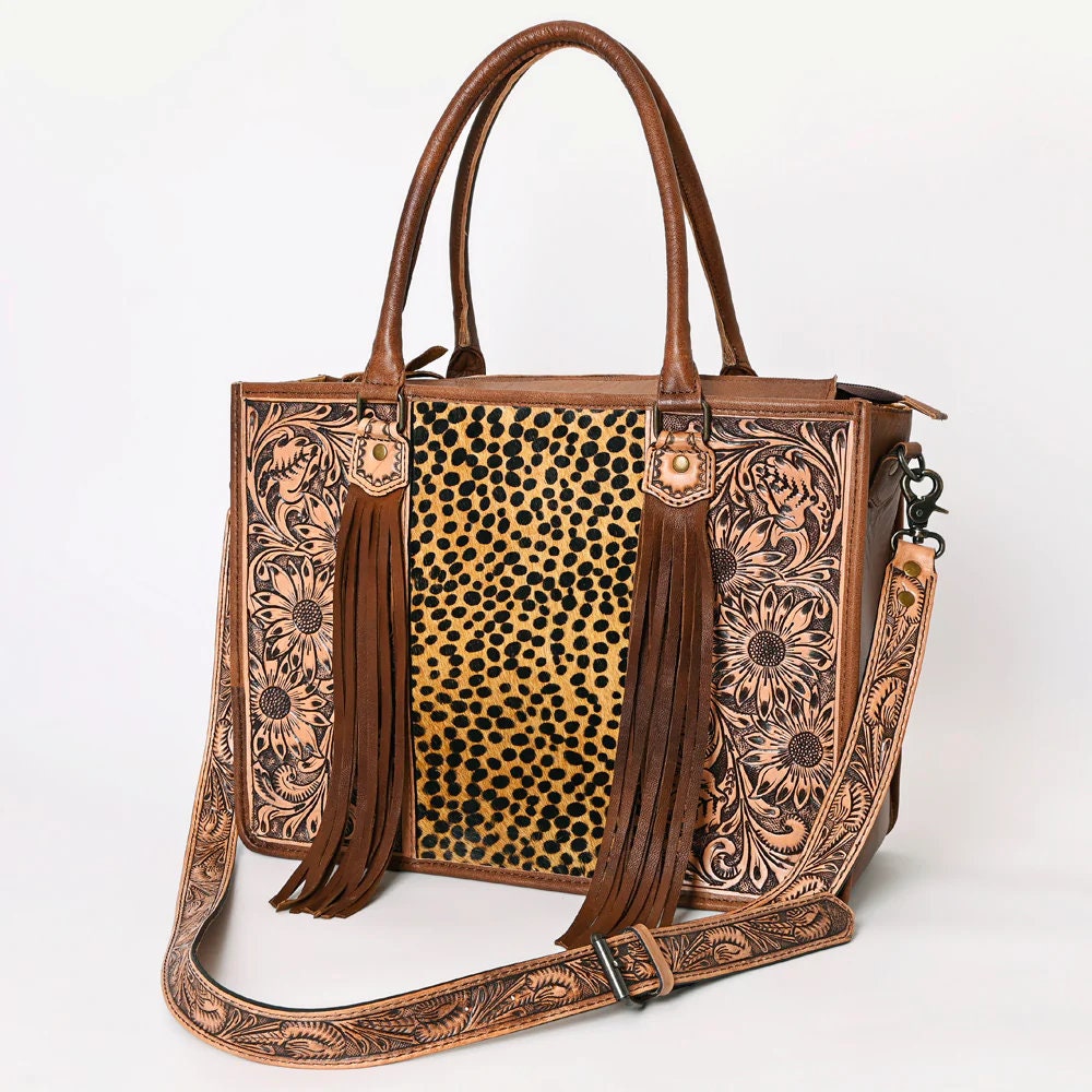 Western Purse, Hand Tooled Leather Purse, Hair On Cowhide Purse, Western Leather Tote Bag, Leather Crossbody Purse, Laptop Bag