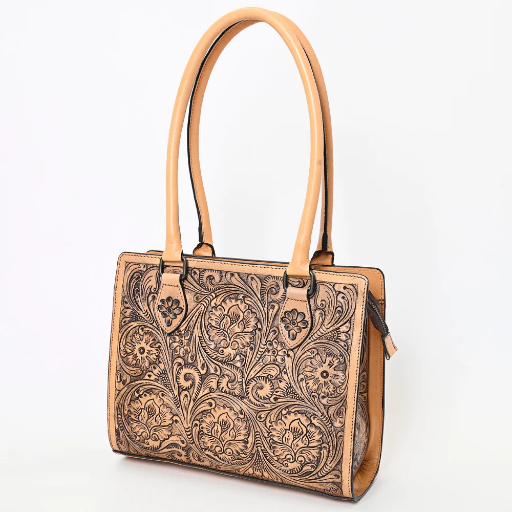Western Hand Tooled Leather Purse, Western Tote Bag, Cowhide Purse, Genuine Leather Purse, Western Leather Shoulder Tote Bag, Handmade Bag