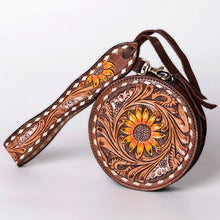 Load image into Gallery viewer, Western Hand Tooled Leather Wallet Purse, Western Buck Stitch Wallet, Leather Clutch, Genuine Leather Sunflower Wallet, Handmade Wallet
