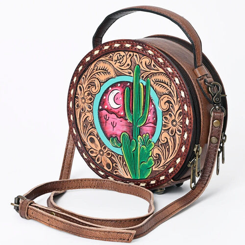 Western Hand Tooled Leather Canteen Purse, Hand Painted Leather Purse, Cowhide Leather Bag, Genuine Western Leather Crossbody Purse