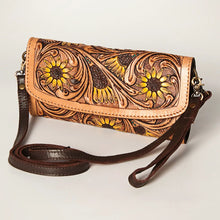 Load image into Gallery viewer, Western Hand Tooled Leather Wallet, Leather Clutch Purse, Cowhide Purse, Leather Crossbody Wallet, Genuine Cowhide Western Wallet
