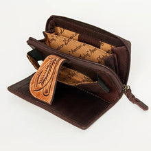 Load image into Gallery viewer, Western Hand Tooled Leather Wallet Purse, Leather Zipper Wallet, Handmade Womens Leather Wallet, Hand Painted Wallet
