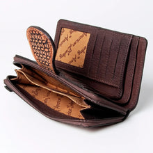 Load image into Gallery viewer, Western Hand Tooled Leather Wallet Purse, Leather Zipper Wallet, Handmade Womens Leather Wallet, Hand Painted Wallet
