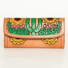 Load image into Gallery viewer, Western Hand Tooled Leather Wallet, Leather Clutch Purse, Cowhide Purse, Hand Painted Leather Wallet, Genuine Cowhide Western Wallet
