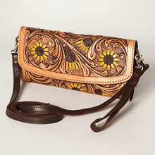 Load image into Gallery viewer, Western Hand Tooled Leather Wallet, Leather Clutch Purse, Cowhide Purse, Leather Crossbody Wallet, Genuine Cowhide Western Wallet
