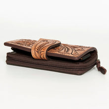 Load image into Gallery viewer, Western Hand Tooled Leather Wallet Purse, Leather Zipper Wallet, Handmade Womens Leather Wallet, Hand Painted Wallet
