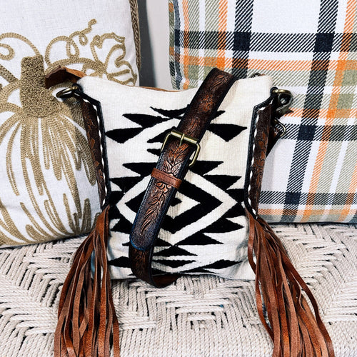 Western Hand Tooled Leather Purse, Leather Crossbody Purse, Cowhide Purse, Saddle Blanket Bag, Leather Fringe Purse