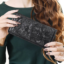 Load image into Gallery viewer, Western Hand Tooled Leather Wallet, Black Leather Wallet, Genuine Leather Clutch, Western Purse, Luxury Wallet, Hand Painted Leather Wallet
