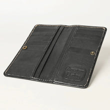 Load image into Gallery viewer, Western Hand Tooled Leather Wallet, Black Leather Wallet, Genuine Leather Clutch, Western Purse, Luxury Wallet, Hand Painted Leather Wallet
