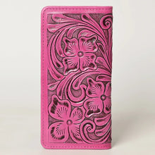 Load image into Gallery viewer, Western Hand Tooled Leather Wallet, Pink Leather Wallet, Genuine Leather Clutch, Western Purse, Luxury Wallet, Hand Painted Leather Wallet
