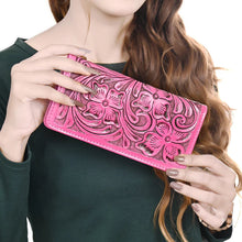 Load image into Gallery viewer, Western Hand Tooled Leather Wallet, Pink Leather Wallet, Genuine Leather Clutch, Western Purse, Luxury Wallet, Hand Painted Leather Wallet
