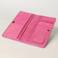 Load image into Gallery viewer, Western Hand Tooled Leather Wallet, Pink Leather Wallet, Genuine Leather Clutch, Western Purse, Luxury Wallet, Hand Painted Leather Wallet
