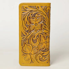Load image into Gallery viewer, Western Hand Tooled Leather Wallet, Yellow Leather Wallet, Genuine Leather Clutch, Western Purse, Luxury Wallet, Hand Painted Leather Wallet
