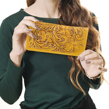 Load image into Gallery viewer, Western Hand Tooled Leather Wallet, Yellow Leather Wallet, Genuine Leather Clutch, Western Purse, Luxury Wallet, Hand Painted Leather Wallet
