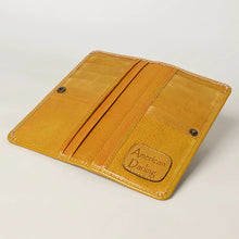 Load image into Gallery viewer, Western Hand Tooled Leather Wallet, Yellow Leather Wallet, Genuine Leather Clutch, Western Purse, Luxury Wallet, Hand Painted Leather Wallet
