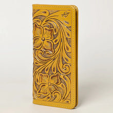 Load image into Gallery viewer, Western Hand Tooled Leather Wallet, Yellow Leather Wallet, Genuine Leather Clutch, Western Purse, Luxury Wallet, Hand Painted Leather Wallet
