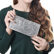 Load image into Gallery viewer, Western Hand Tooled Leather Wallet, Silver Leather Wallet, Genuine Leather Clutch, Western Purse, Luxury Wallet, Hand Painted Leather Wallet
